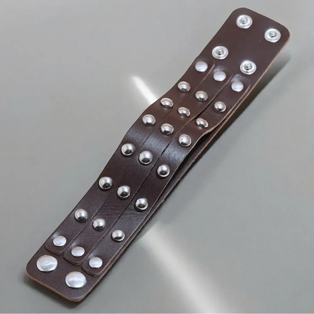 2 Silver Studded Black & Brown Leather Wrap/Band/Bracelet - Unise…